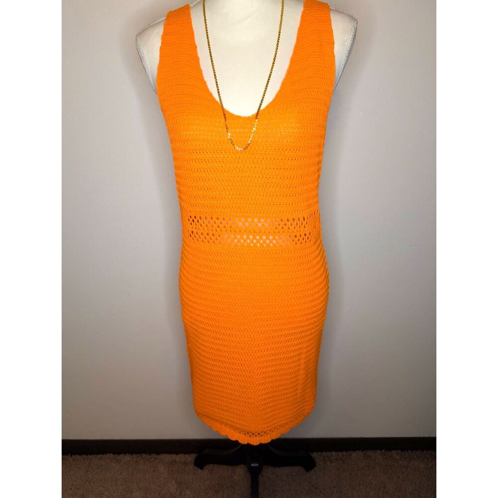 Shein Bright Orange Crochet Knit Midi Dress
